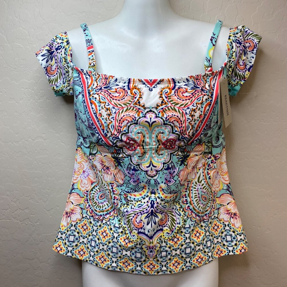 Reaction Kenneth Cole Womens Floral Boho Lace-Up Tassels Swim Top Size Medium